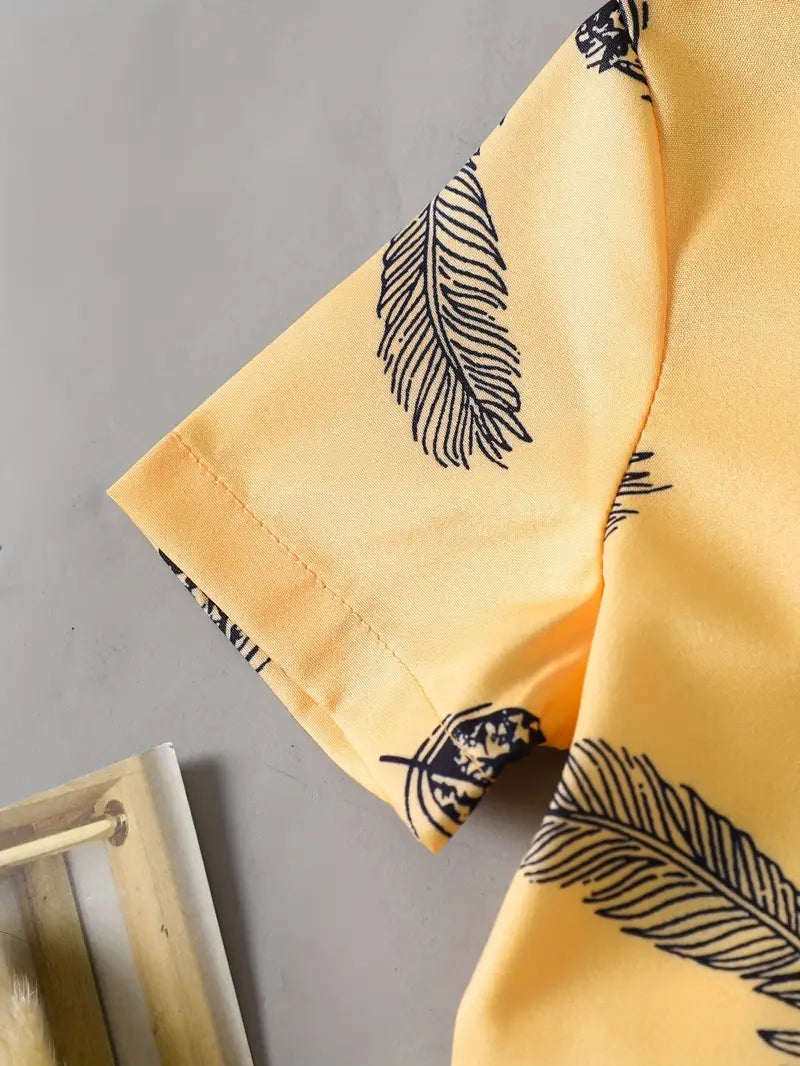 Yellow Feather Printed Shirts & Black Shorts Co-Ord Set