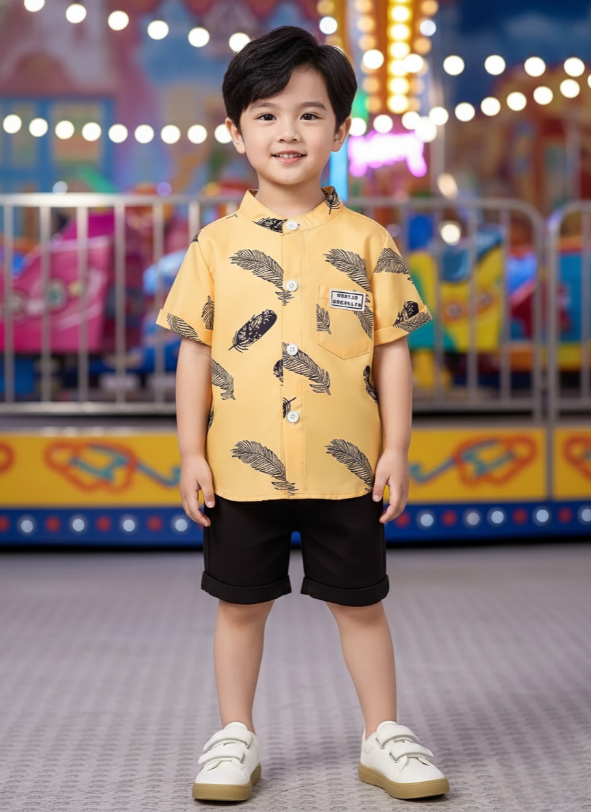 Yellow Feather Printed Shirts & Black Shorts Co-Ord Set