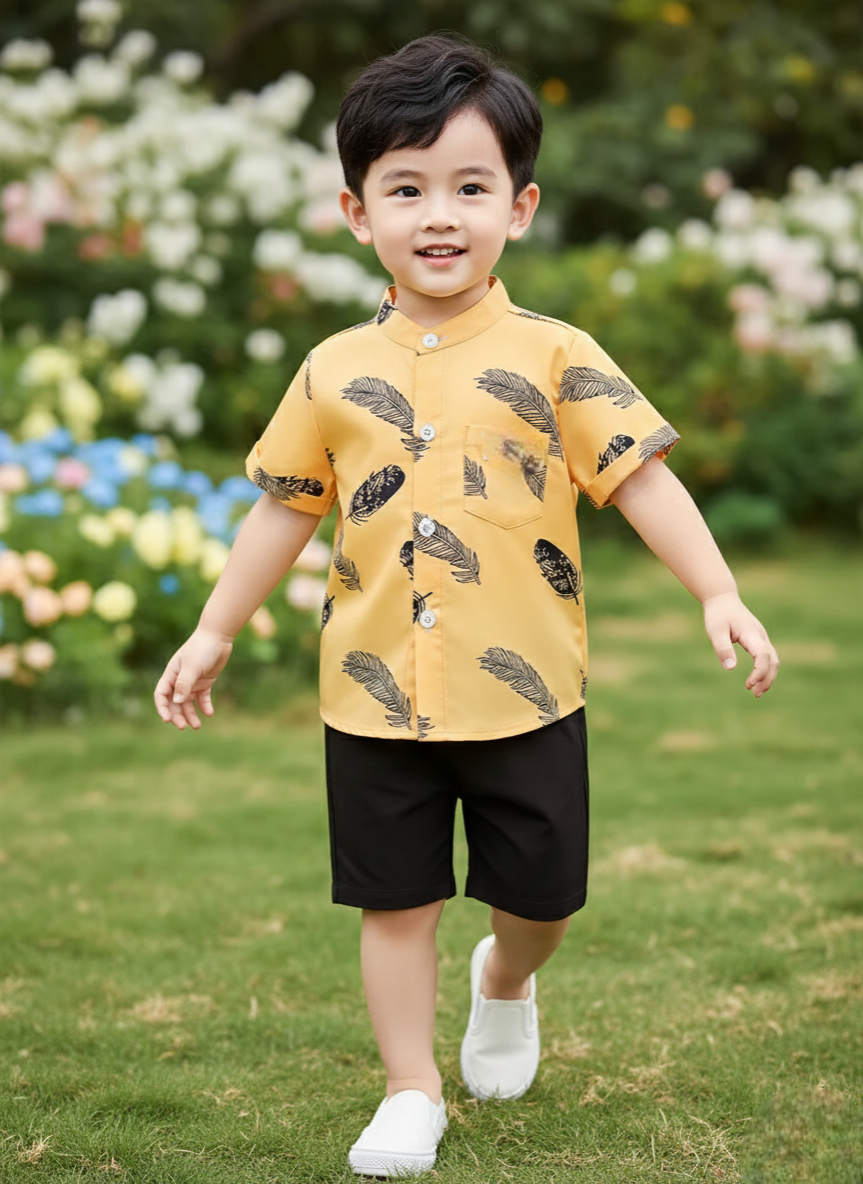 Yellow Feather Printed Shirts & Black Shorts Co-Ord Set