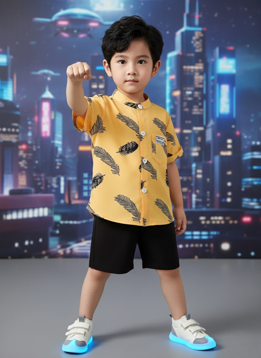 Yellow Feather Printed Shirts & Black Shorts Co-Ord Set