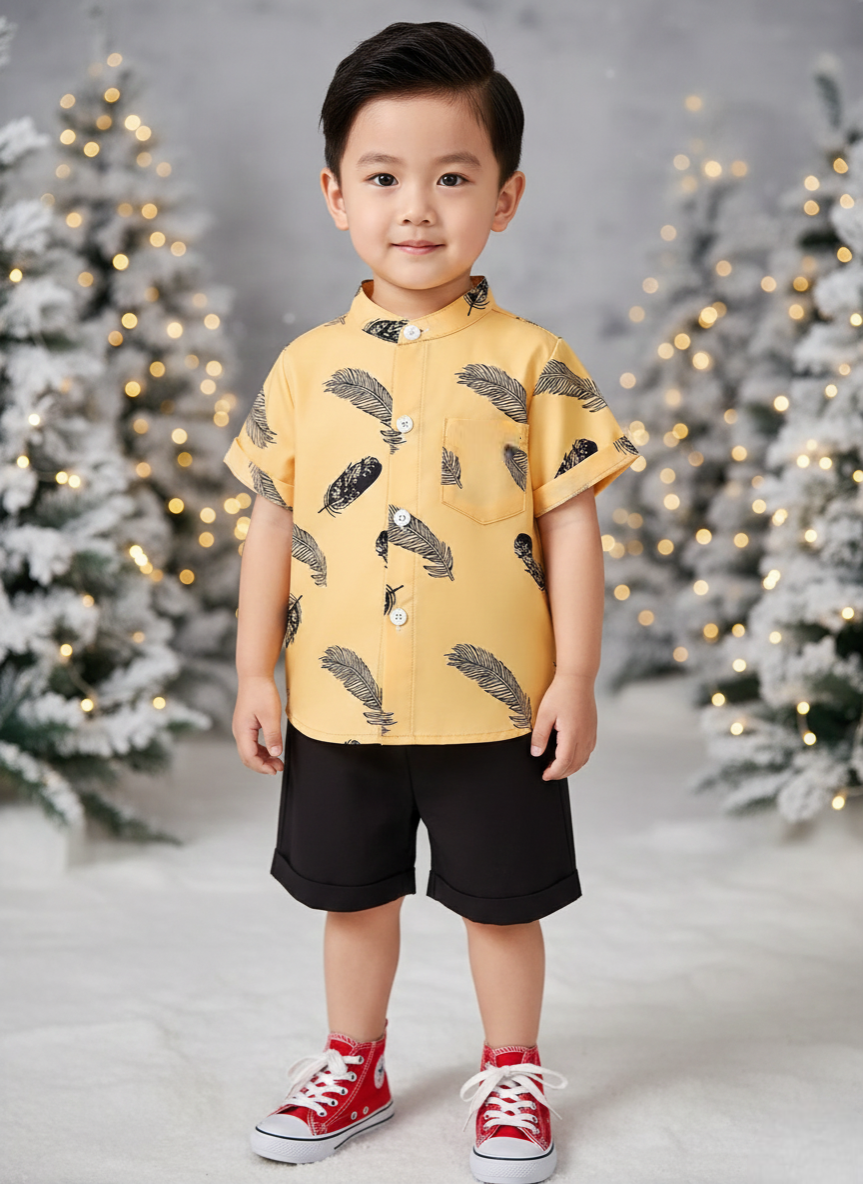 Yellow Feather Printed Shirts & Black Shorts Co-Ord Set