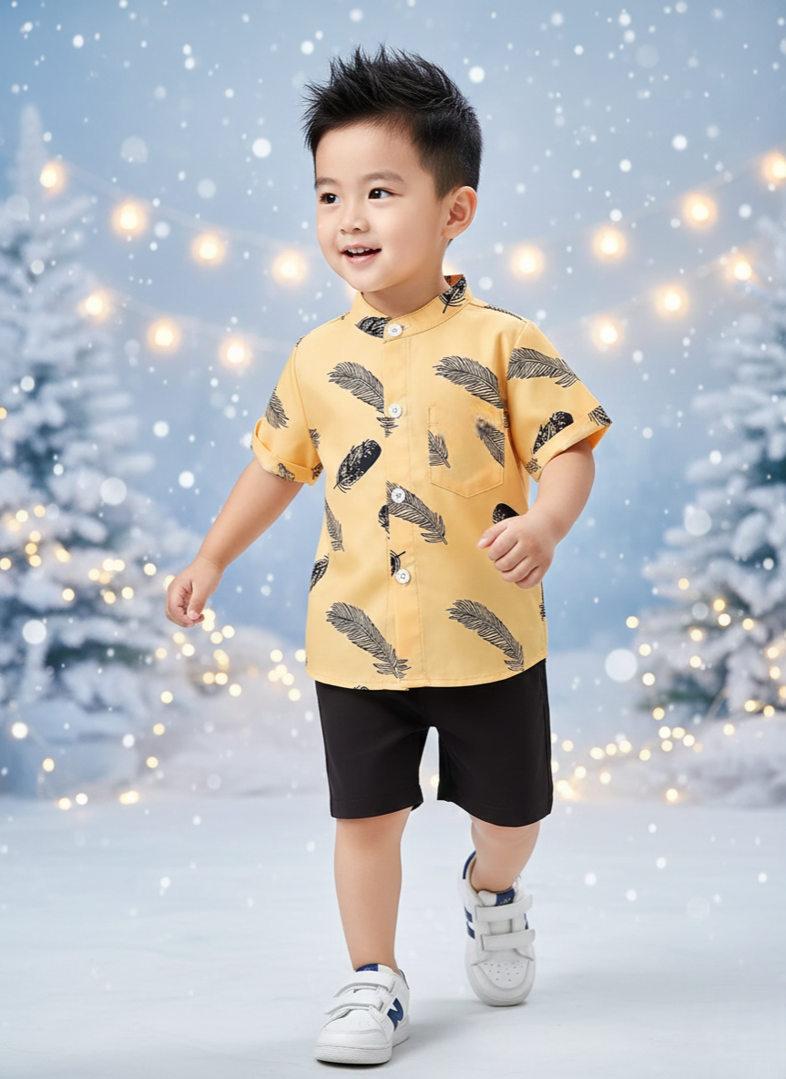 Yellow Feather Printed Shirts & Black Shorts Co-Ord Set