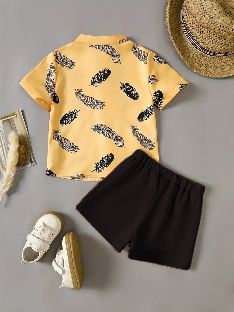 Yellow Feather Printed Shirts & Black Shorts Co-Ord Set