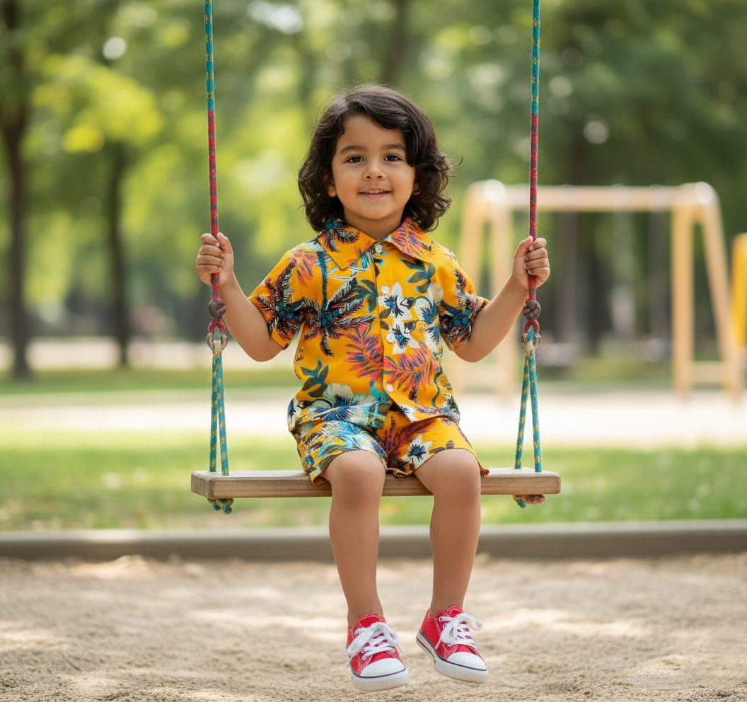 Yellow Forest Print Shirt & Shorts Co-Ord Set