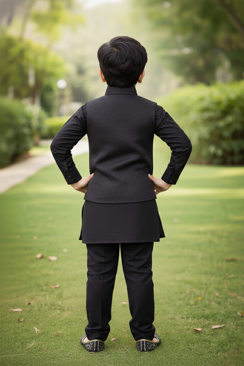 Panthers Boys Black Indo Western Kurta Set with Waistcoat | Festive & Party Wear for Kids