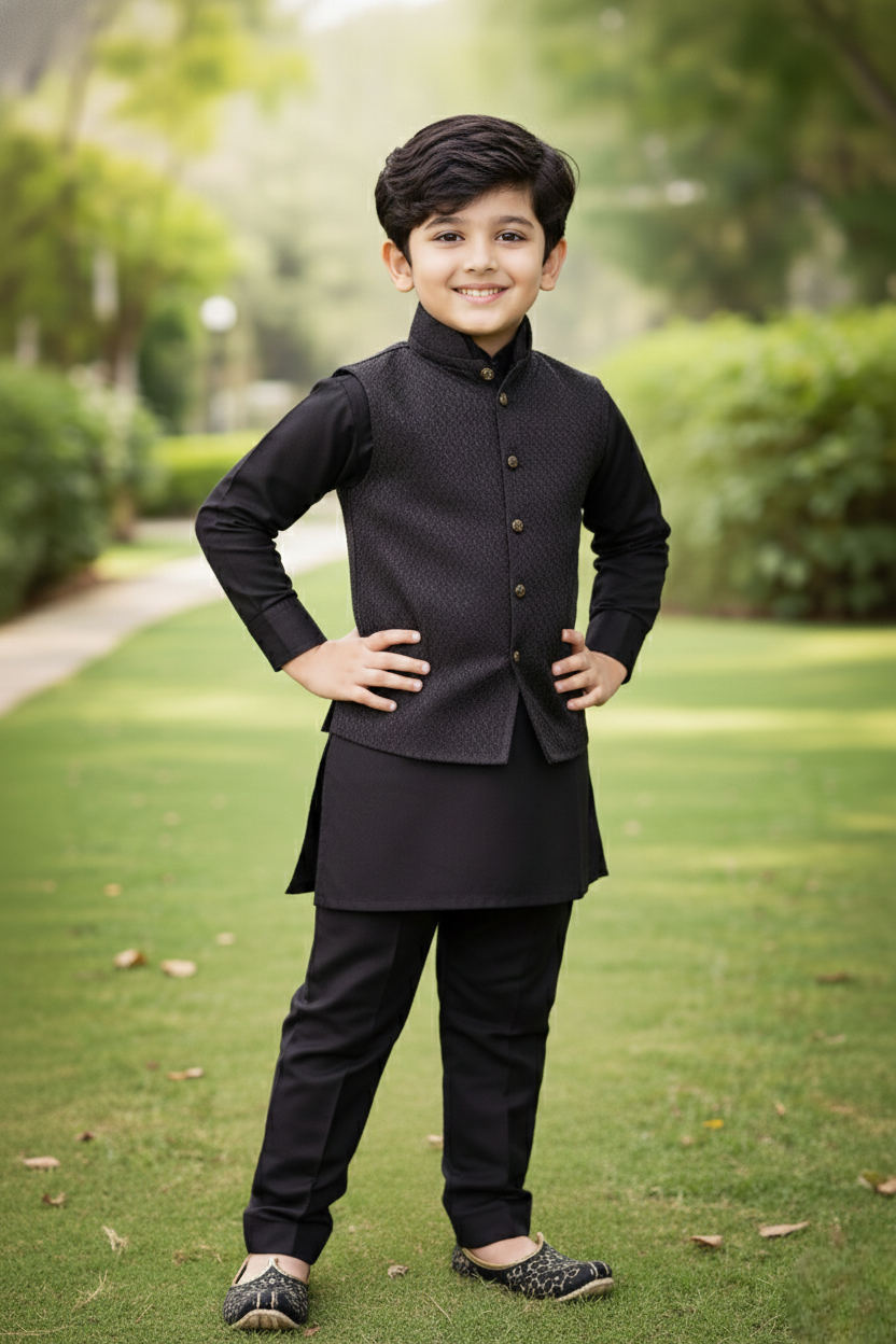 Panthers Boys Black Indo Western Kurta Set with Waistcoat | Festive & Party Wear for Kids