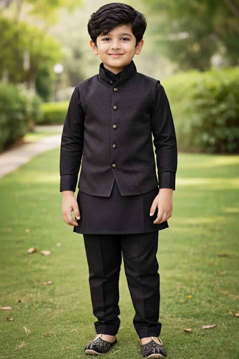 Panthers Boys Black Indo Western Kurta Set with Waistcoat | Festive & Party Wear for Kids