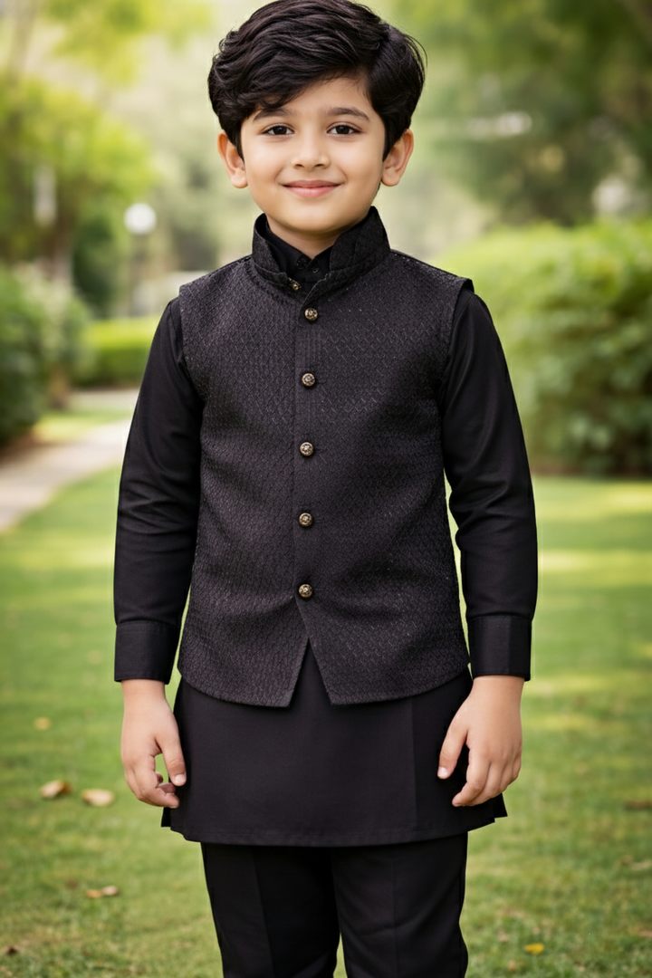 Panthers Boys Black Indo Western Kurta Set with Waistcoat | Festive & Party Wear for Kids