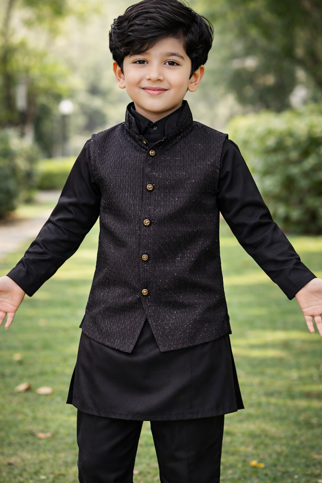 Panthers Boys Black Indo Western Kurta Set with Waistcoat | Festive & Party Wear for Kids
